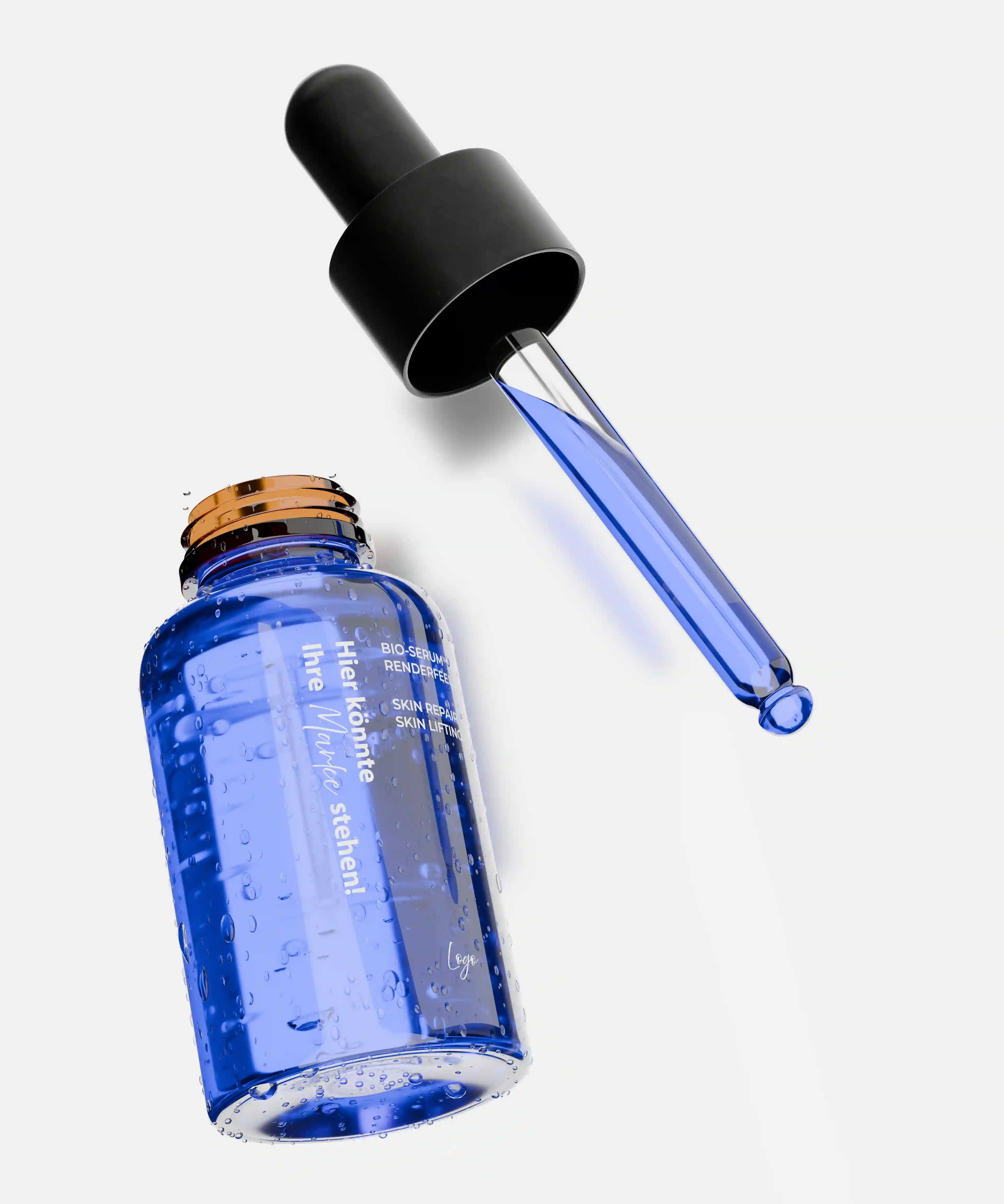 Detailrender eines Serums mit Fokus auf Flüssigkeit und Glas