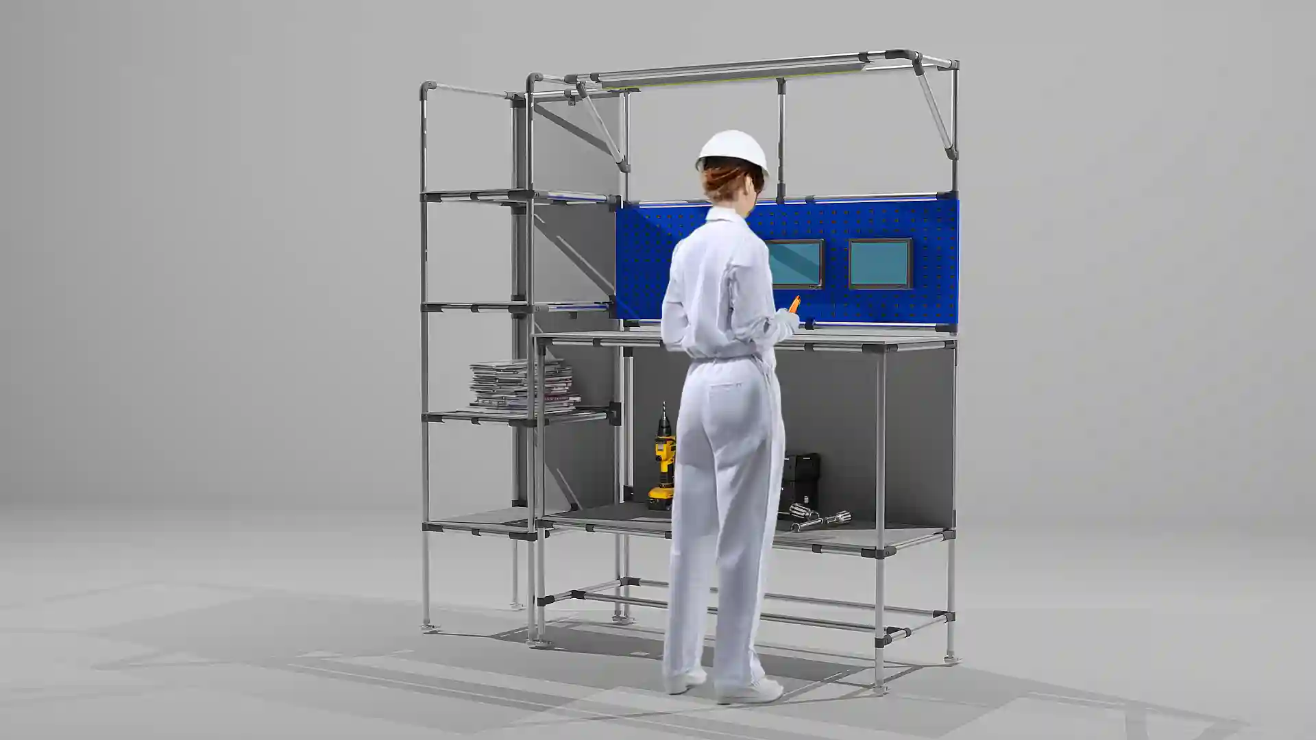 3D-Rendering eines Neolog Arbeitsplatzsystems mit Regalen und Struktur